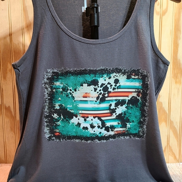 Western Glitter Cowhide and Serape Print Gray Tank Top with Abstract Design - Picture 4 of 4